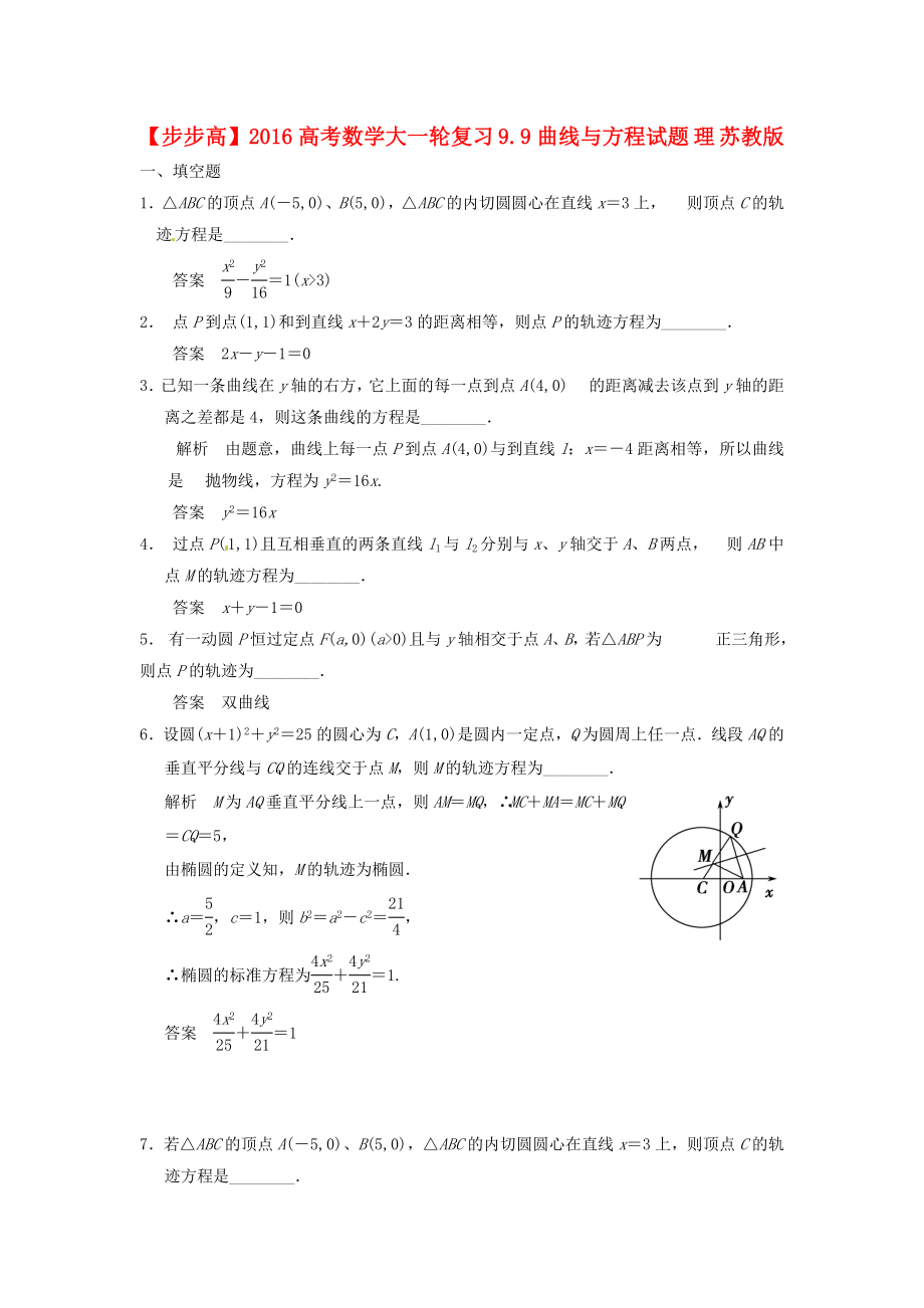 2016高考数学大一轮复习9.9曲线与方程试题理苏教版_第1页