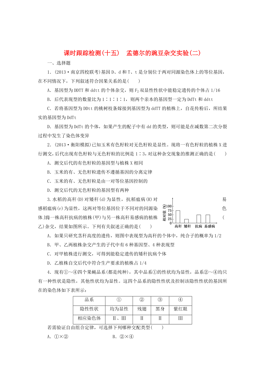 2014高考生物一輪復(fù)習(xí) 課時跟蹤檢測(十五)孟德爾的豌豆雜交實(shí)驗(yàn)(二)配套練習(xí) 新人教版_第1頁