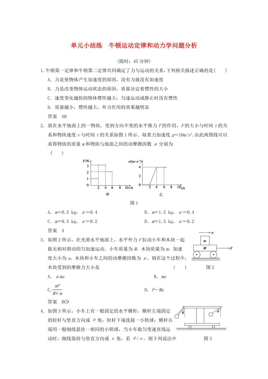 2014年高考物理復(fù)習(xí) 第3章 牛頓運(yùn)動(dòng)定律和動(dòng)力學(xué)問題分析單元小結(jié)練（含解析） 新人教版_第1頁(yè)