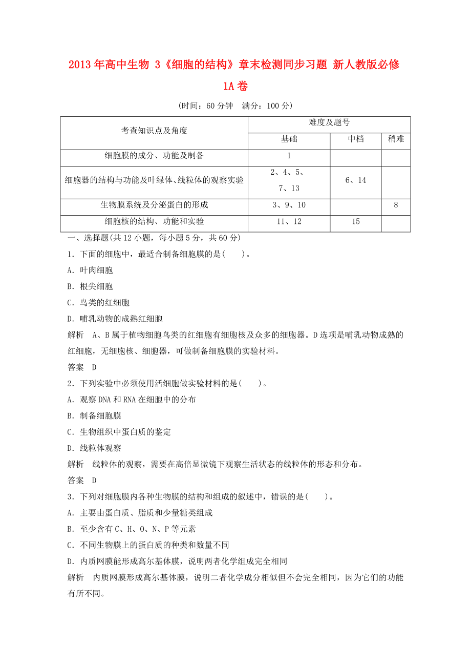 2013年高中生物 3《細胞的結(jié)構(gòu)》章末檢測同步習題 新人教版必修1_第1頁