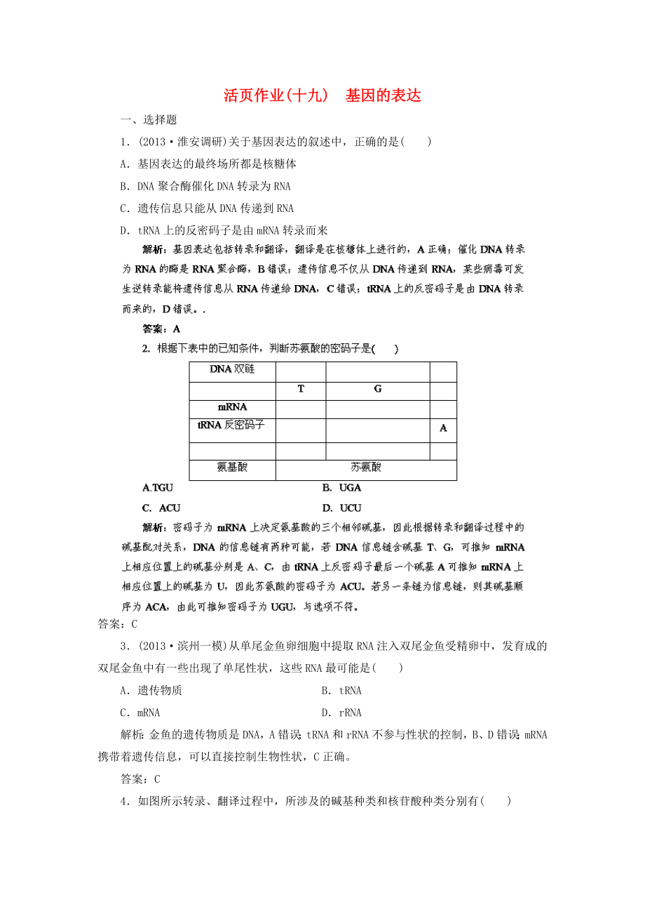 2014高三生物一輪復(fù)習(xí)指導(dǎo) 活頁(yè)作業(yè)19 基因的表達(dá)（含解析）新人教版_第1頁(yè)