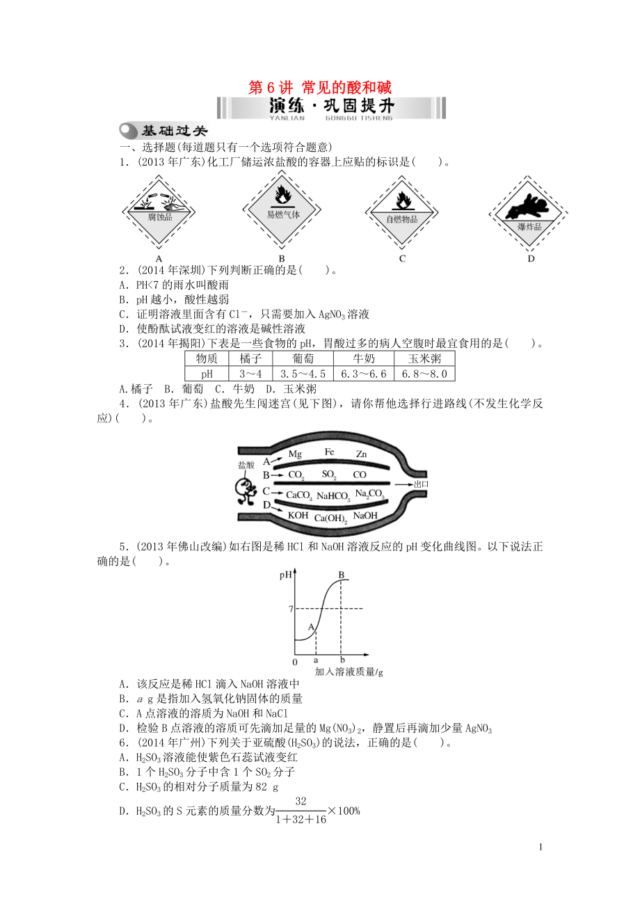 【南方新中考】2015中考化學(xué) 第一部分 基礎(chǔ)考點(diǎn) 第6講 常見的酸和堿檢測(cè)復(fù)習(xí)_第1頁(yè)