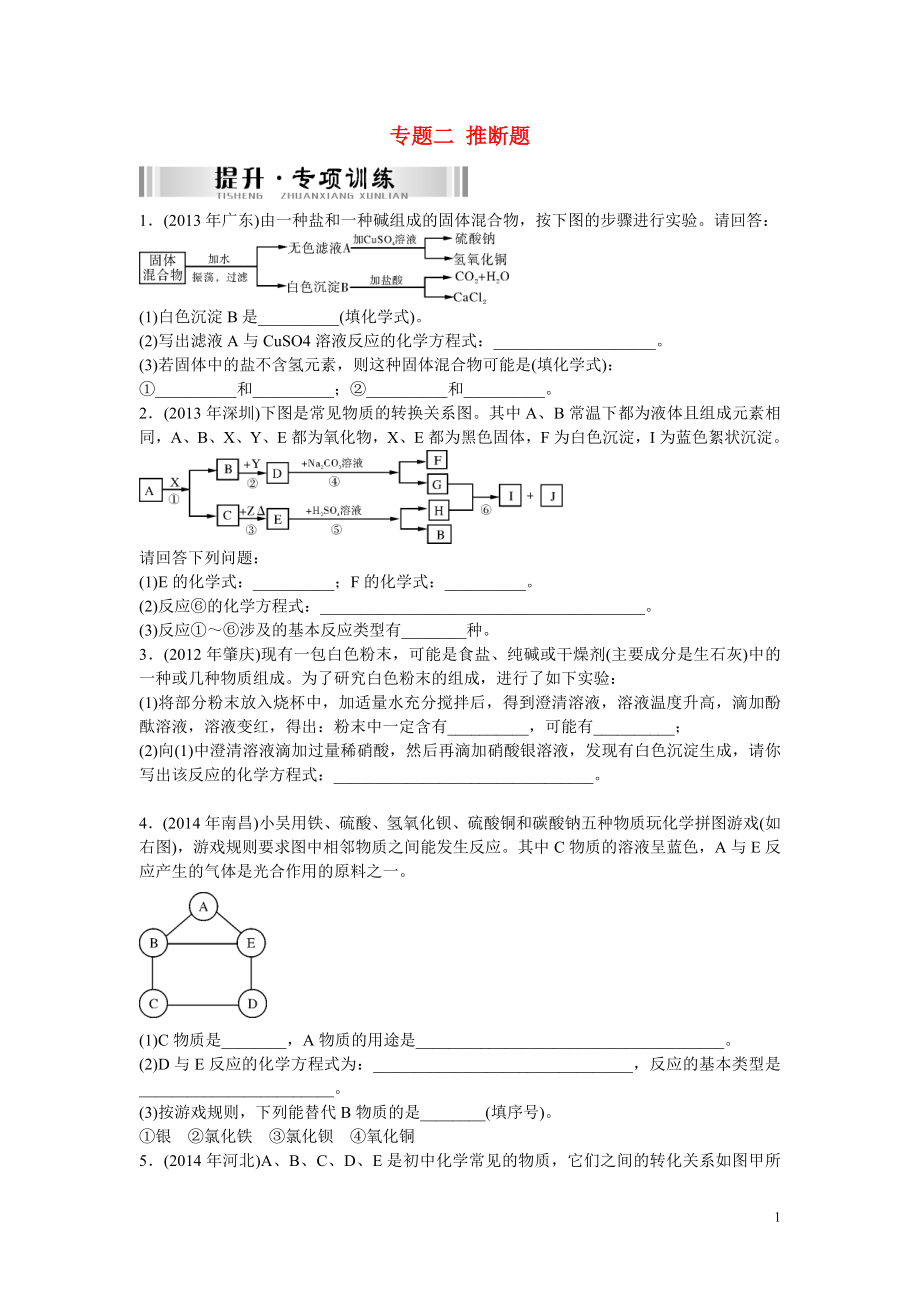 【南方新中考】2015中考化学 第二部分 专题提升 专题二 推断题检测复习_第1页