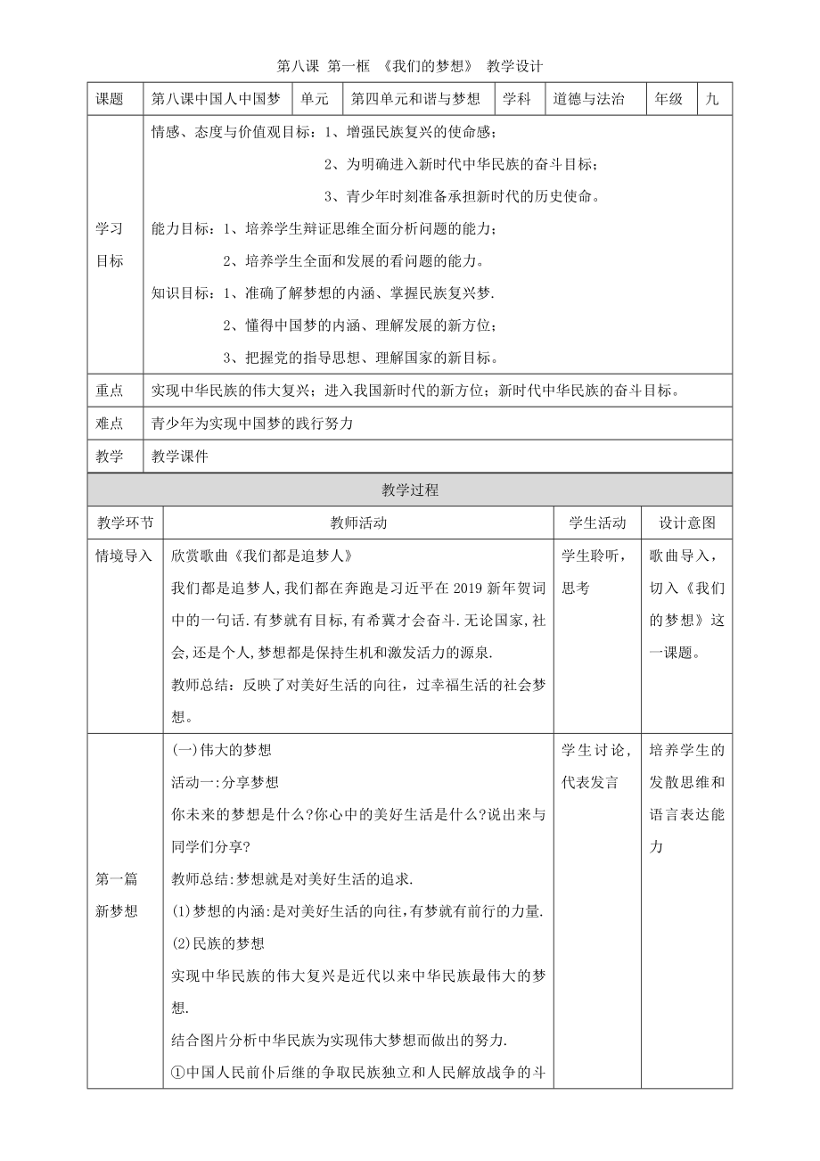 第八課 第一框 《我們的夢想》 教學設計_第1頁