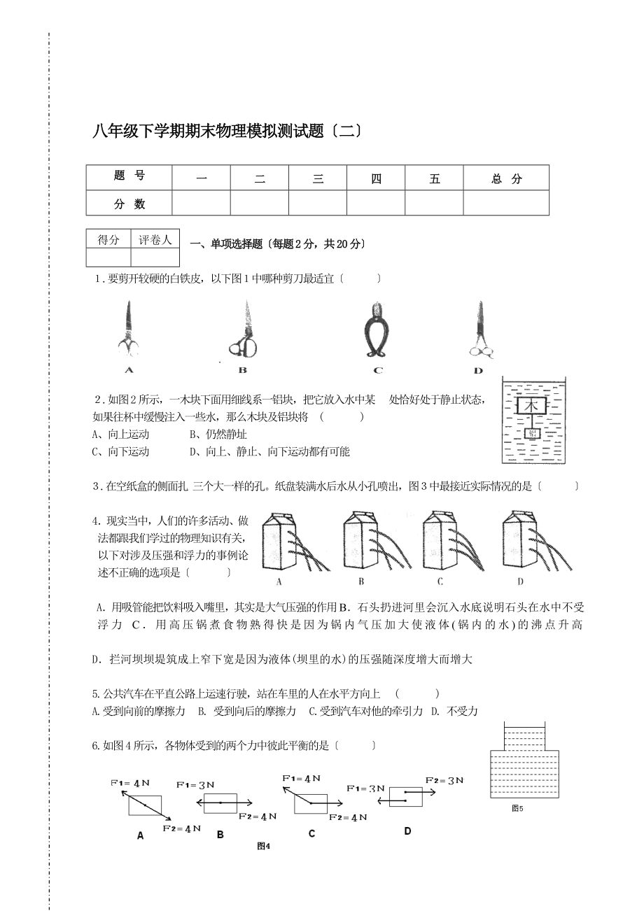 2010八年级下学期期末物理模拟测试题(二)_第1页