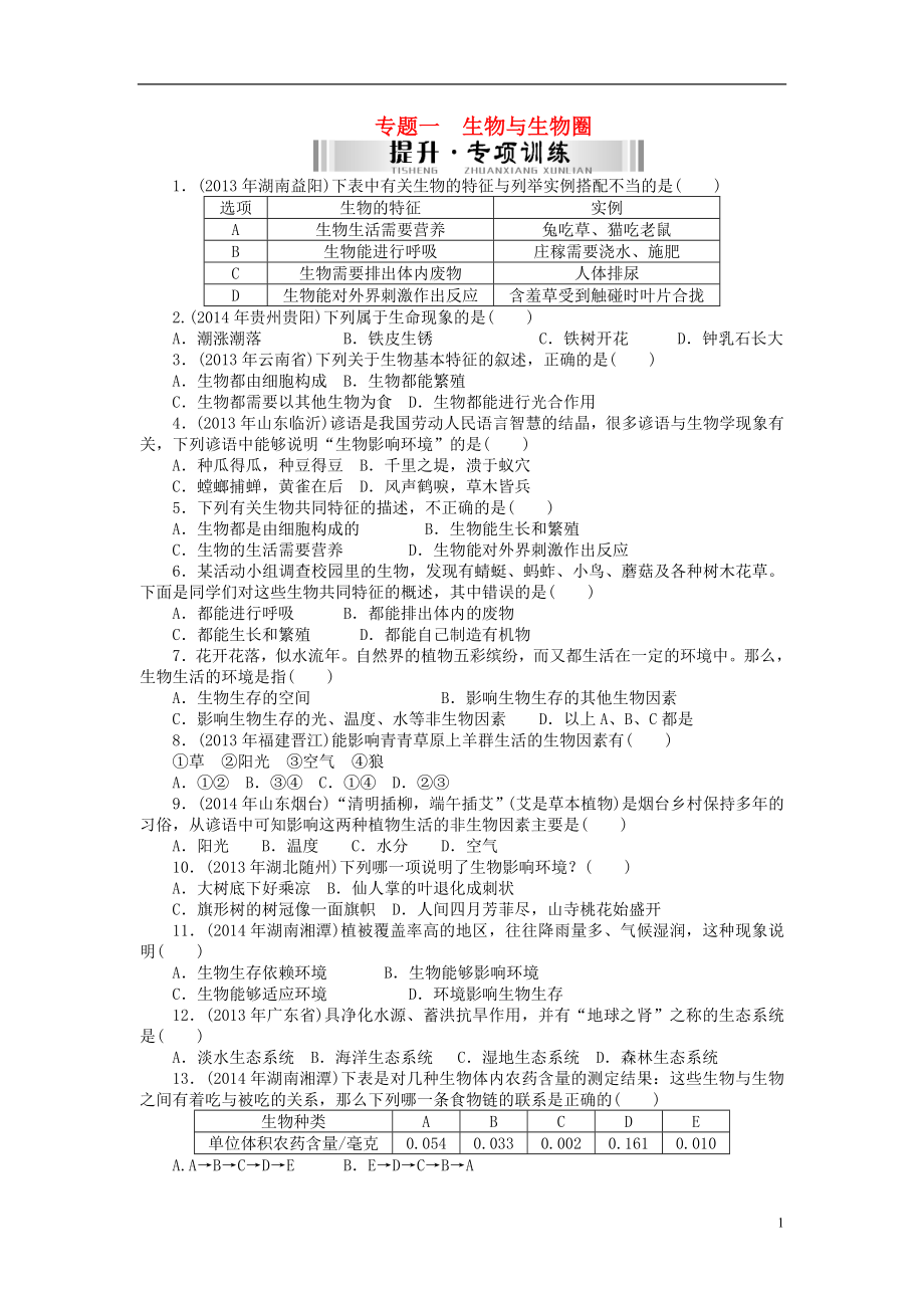 【南方新中考】（南粵專用）2015中考生物 第二部分 專題訓(xùn)練 高頻考題 專題一 生物與生物圈檢測復(fù)習(xí)_第1頁