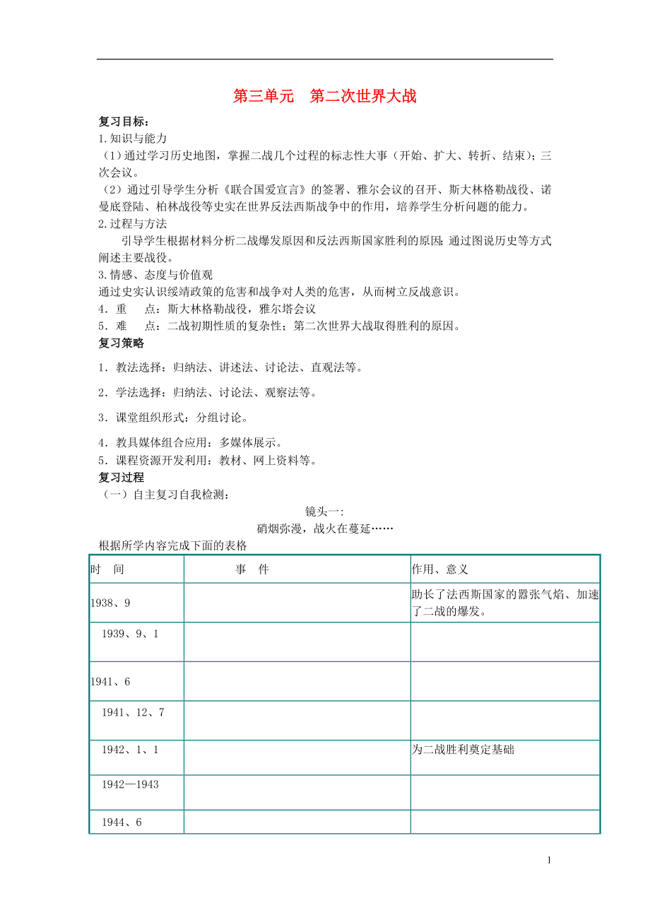 福建省龍巖小池中學(xué)2015屆中考歷史一輪復(fù)習(xí) 九下 第三單元 第二次世界大戰(zhàn)復(fù)習(xí)（無答案） 新人教版_第1頁