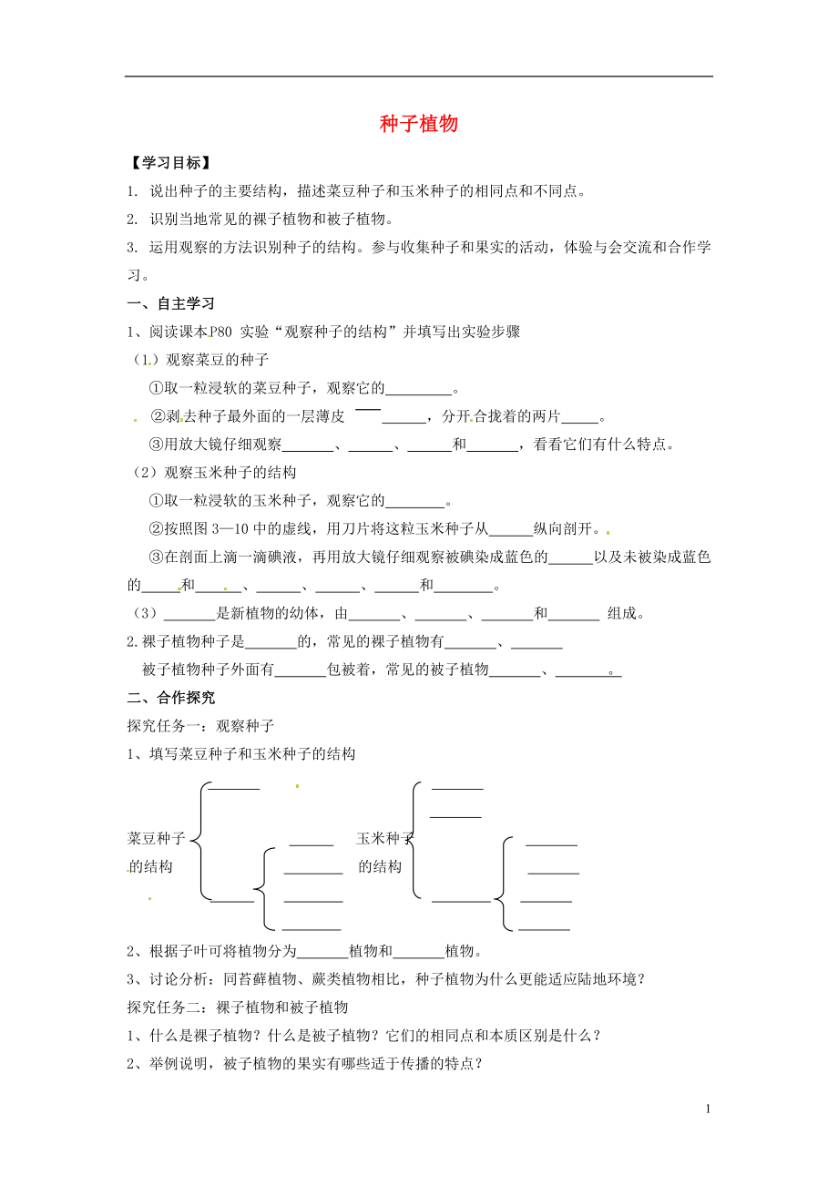 河北省遵化市小廠鄉(xiāng)松棚營中學七年級生物上冊《第三單元 第一章 第二節(jié) 種子植物》導學案（無答案）（新版）新人教版_第1頁