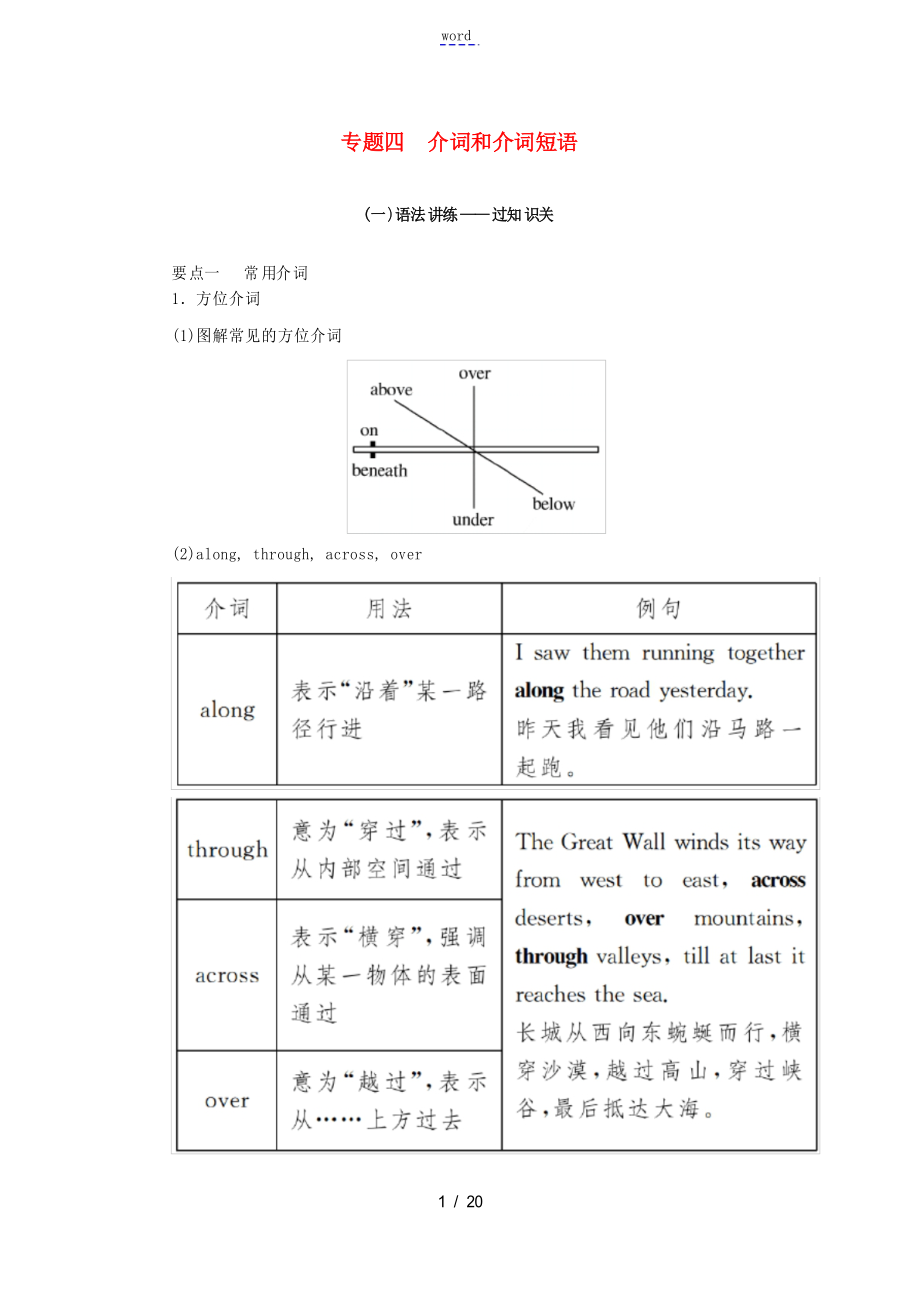 高考英语总复习 高考语法与写作 专题4 介词和介词短语教学案 外研版-外研版高三全册英语教学案_第1页