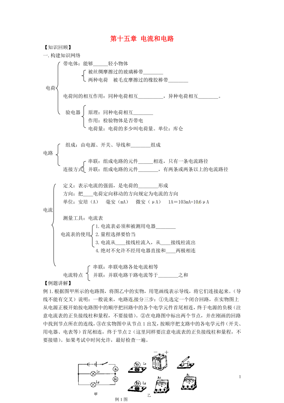 甘肅省平?jīng)鲨F路中學(xué)九年級(jí)物理全冊(cè)《第十五章 電流和電路》復(fù)習(xí)學(xué)案（無答案）（新版）新人教版_第1頁