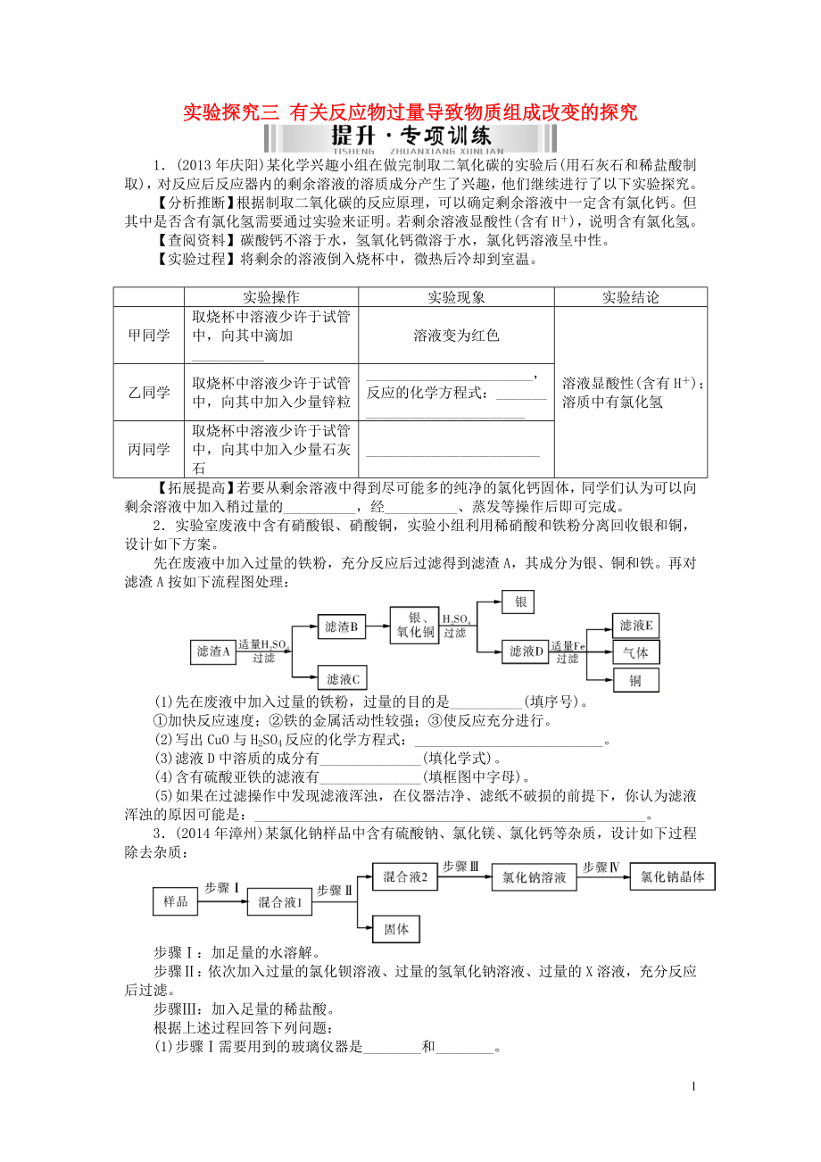 【南方新中考】2015中考化學(xué) 第二部分 專題提升 專題五 實驗探究三 有關(guān)反應(yīng)物過量導(dǎo)致物質(zhì)組成改變的探究檢測復(fù)習(xí)_第1頁