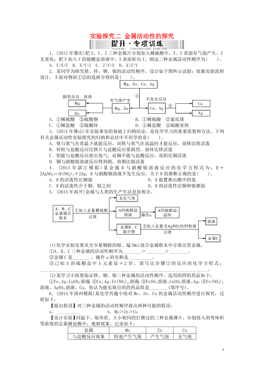 【南方新中考】2015中考化學(xué) 第二部分 專題提升 專題五 實驗探究二 金屬活動性的探究檢測復(fù)習(xí)_第1頁