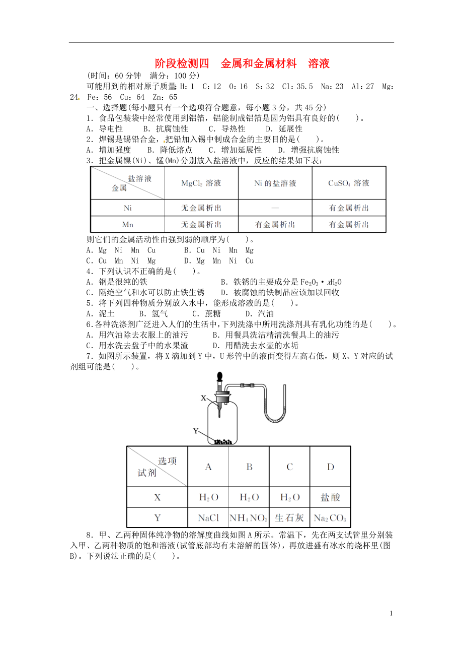 【備考2014 志鴻優(yōu)化設計】2013版中考化學總復習階段檢測四（含解析） 新人教版_第1頁