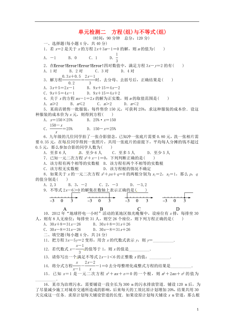 【備考2014 志鴻優(yōu)化設(shè)計(jì)】2013版中考數(shù)學(xué)總復(fù)習(xí) 單元綜合檢測(cè)二 新人教版_第1頁(yè)