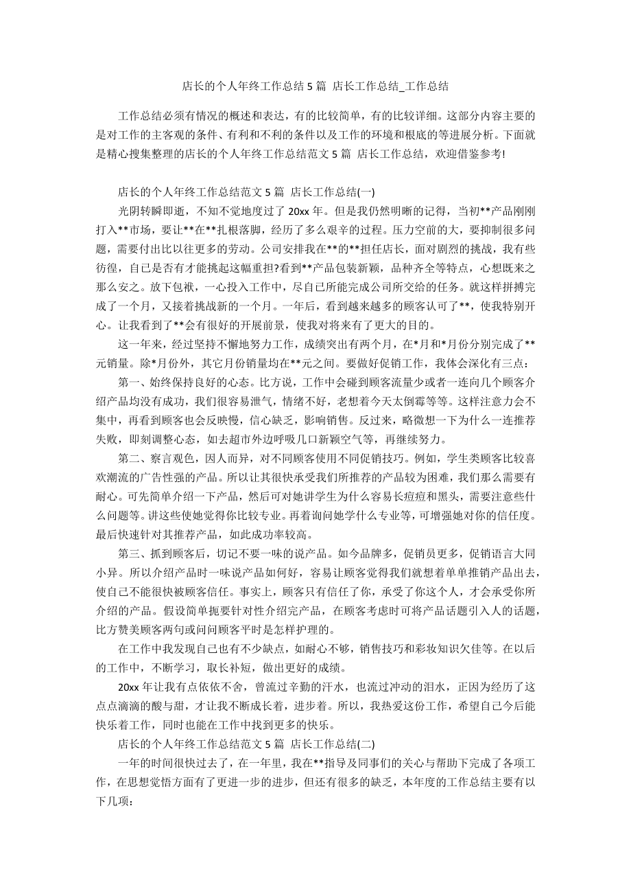 店长的个人年终工作总结5篇 店长工作总结_第1页