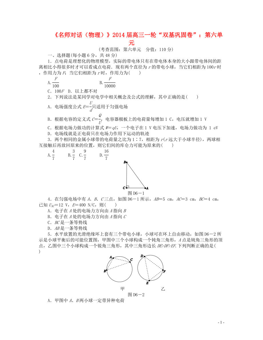 【名師對(duì)話(huà)】2014屆高三物理一輪 雙基鞏固卷 第六單元_第1頁(yè)