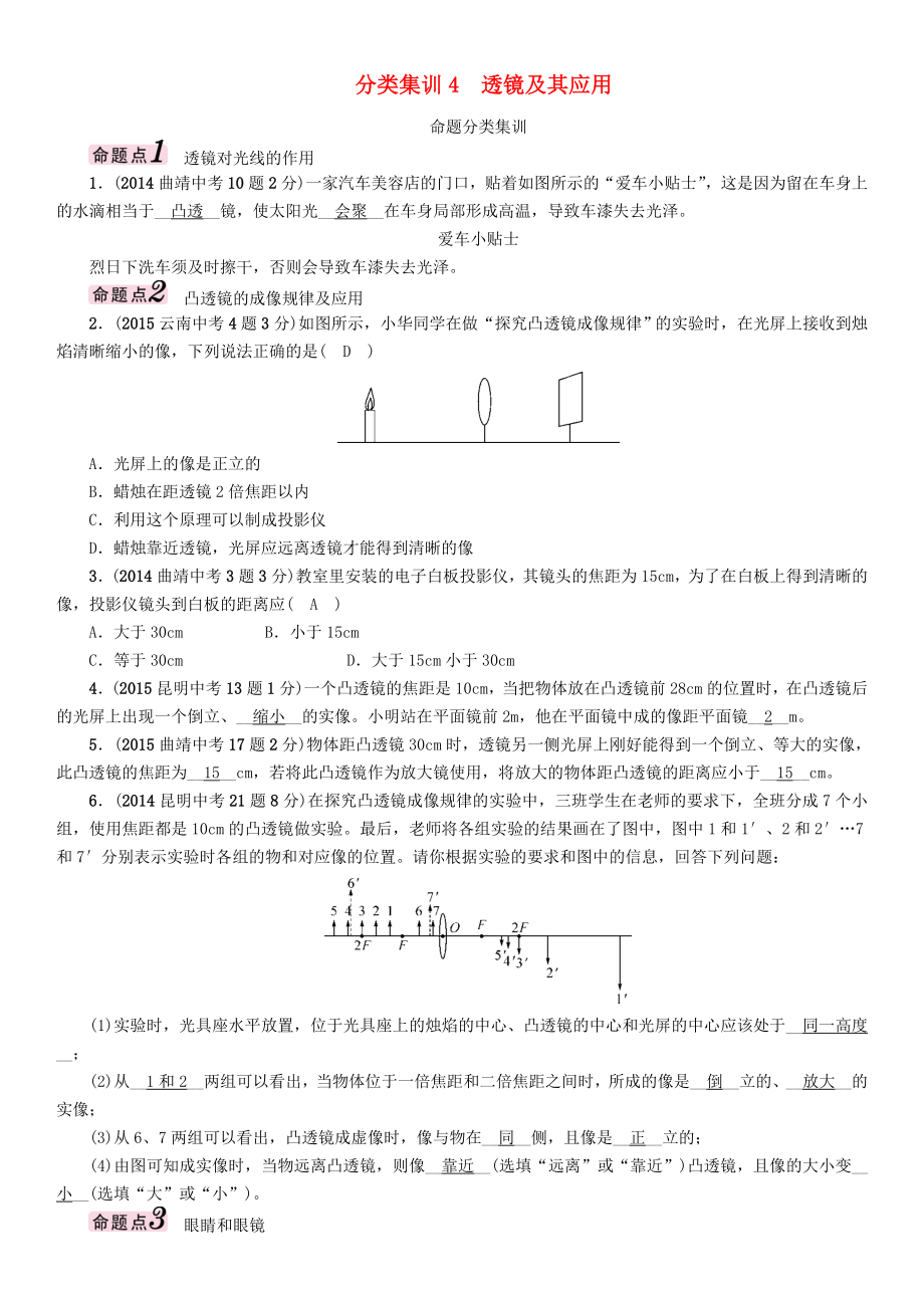 【中考命題研究】（云南）2016中考物理 分類集訓(xùn)4 透鏡及其應(yīng)用_第1頁(yè)