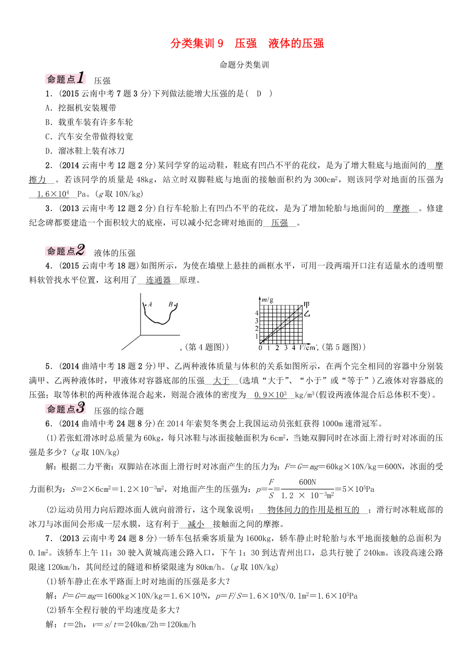 【中考命題研究】（云南）2016中考物理 分類集訓9 壓強 液體的壓強_第1頁