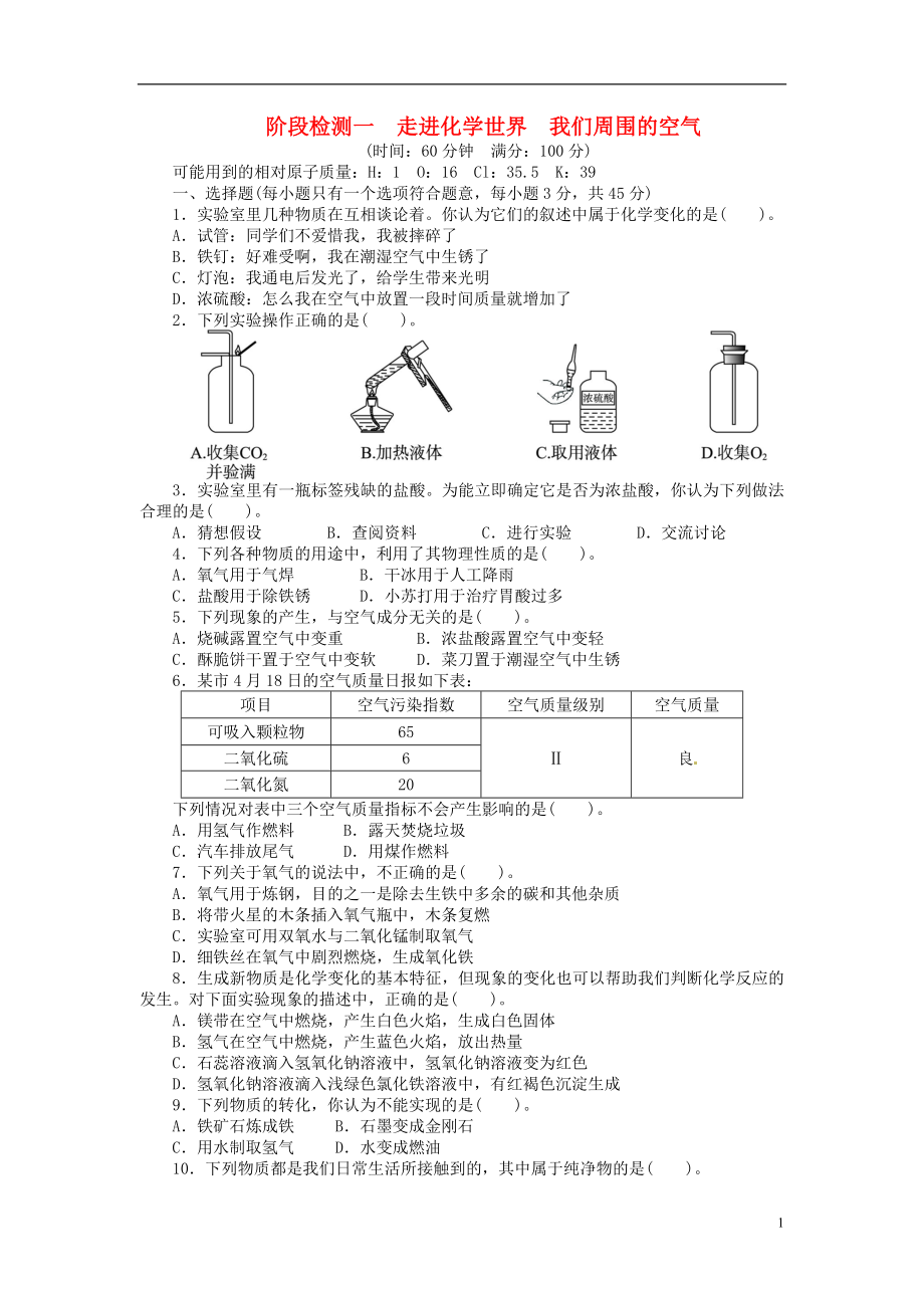 【備考2014 志鴻優(yōu)化設(shè)計】2013版中考化學(xué)總復(fù)習(xí)階段檢測一（含解析） 新人教版_第1頁