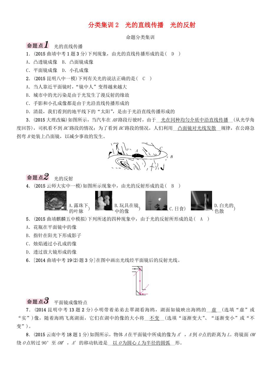 【中考命題研究】（云南）2016中考物理 分類集訓(xùn)2 光的直線傳播 光的反射_第1頁