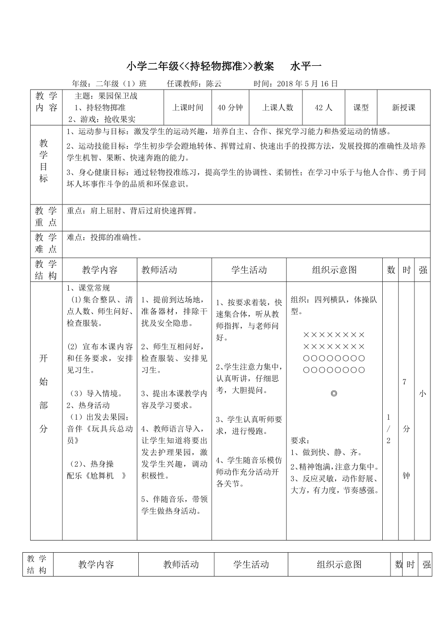 小學(xué)二年級(jí)持輕物擲準(zhǔn)教案 水平一_第1頁