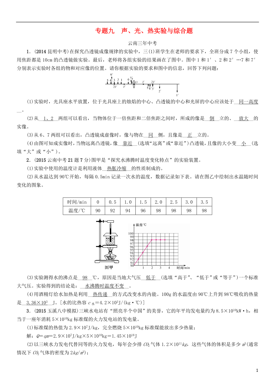 【中考命題研究】（云南）2016中考物理 專題九 聲、光、熱實驗與綜合題_第1頁