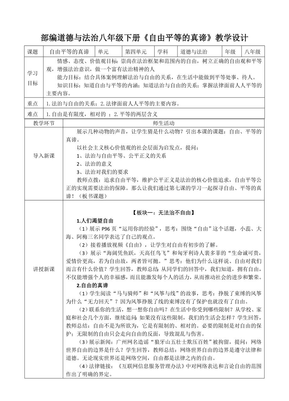 部編道德與法治八年級(jí)下冊(cè)《自由平等的真諦》教學(xué)設(shè)計(jì)[2]_第1頁(yè)