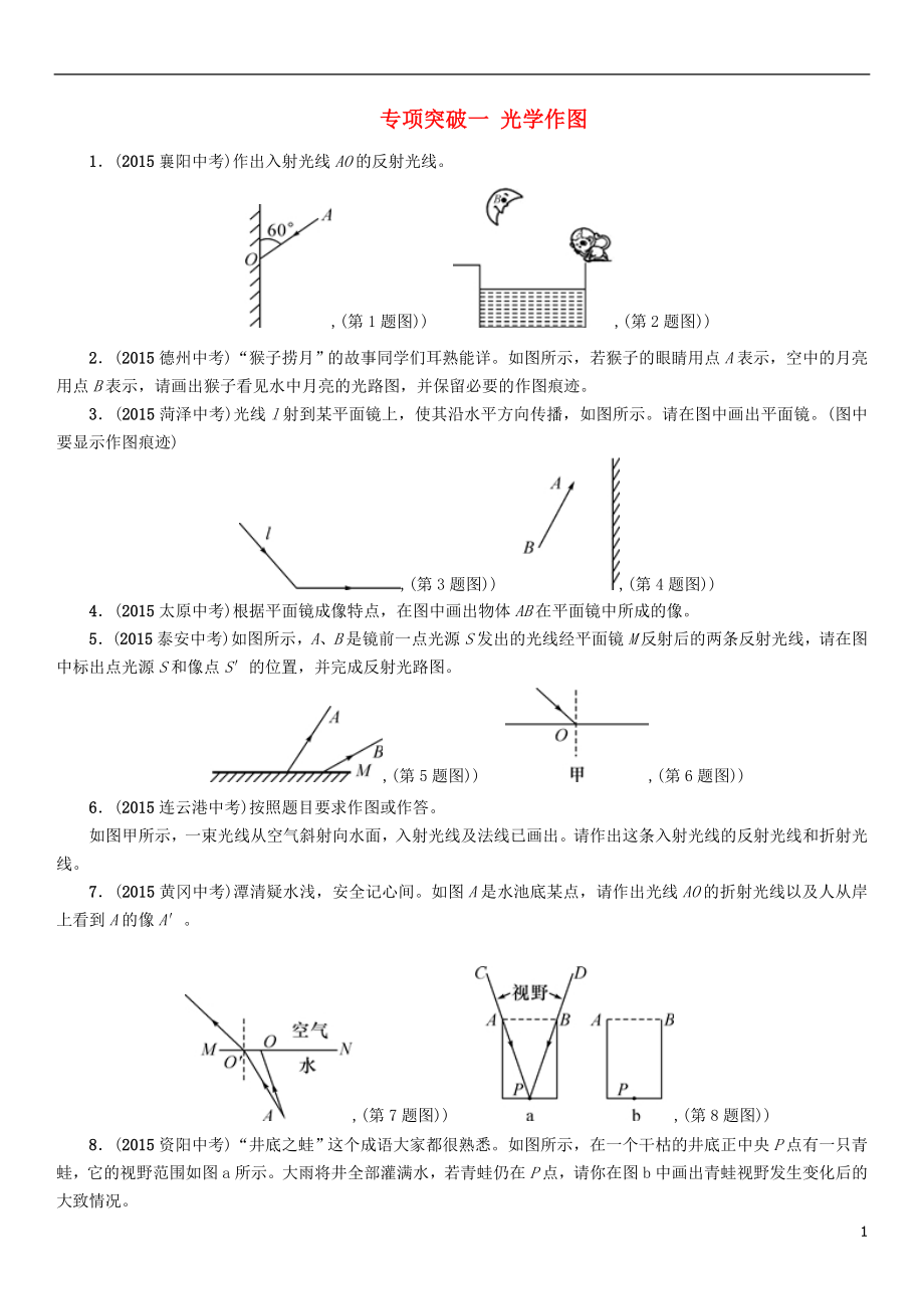 【中考命題研究】河北省2016中考物理 專項(xiàng)突破1 光學(xué)作圖（無答案）_第1頁