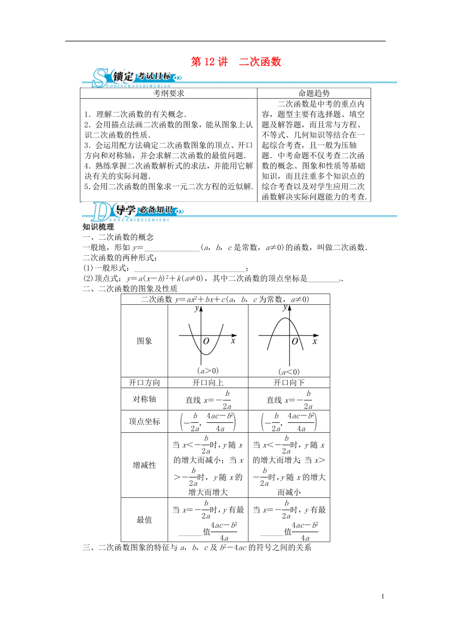 【備考2014 志鴻優(yōu)化設(shè)計(jì)】2013版中考數(shù)學(xué)總復(fù)習(xí) 基礎(chǔ)講練 第12講 二次函數(shù)（含答案點(diǎn)撥） 新人教版_第1頁(yè)