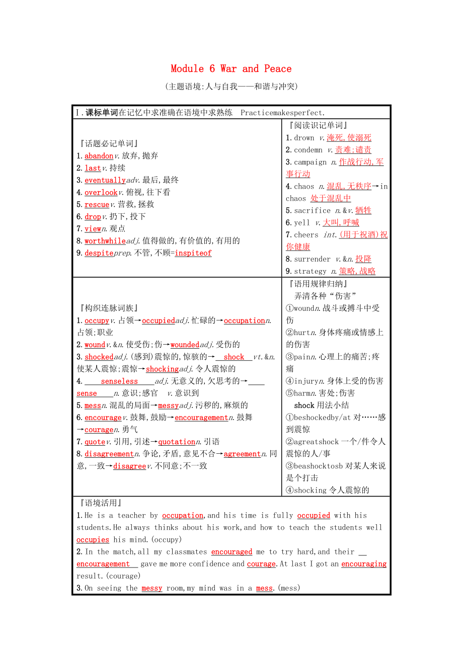 高三英语一轮复习Module6WarandPeace预习案外研版_第1页