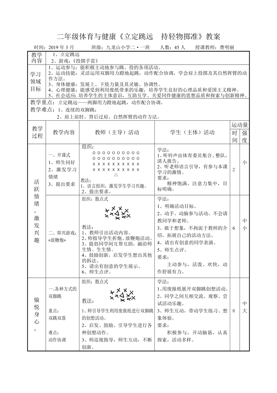 二年級(jí)體育與健康《立定跳遠(yuǎn) 持輕物擲準(zhǔn)》教案_第1頁(yè)