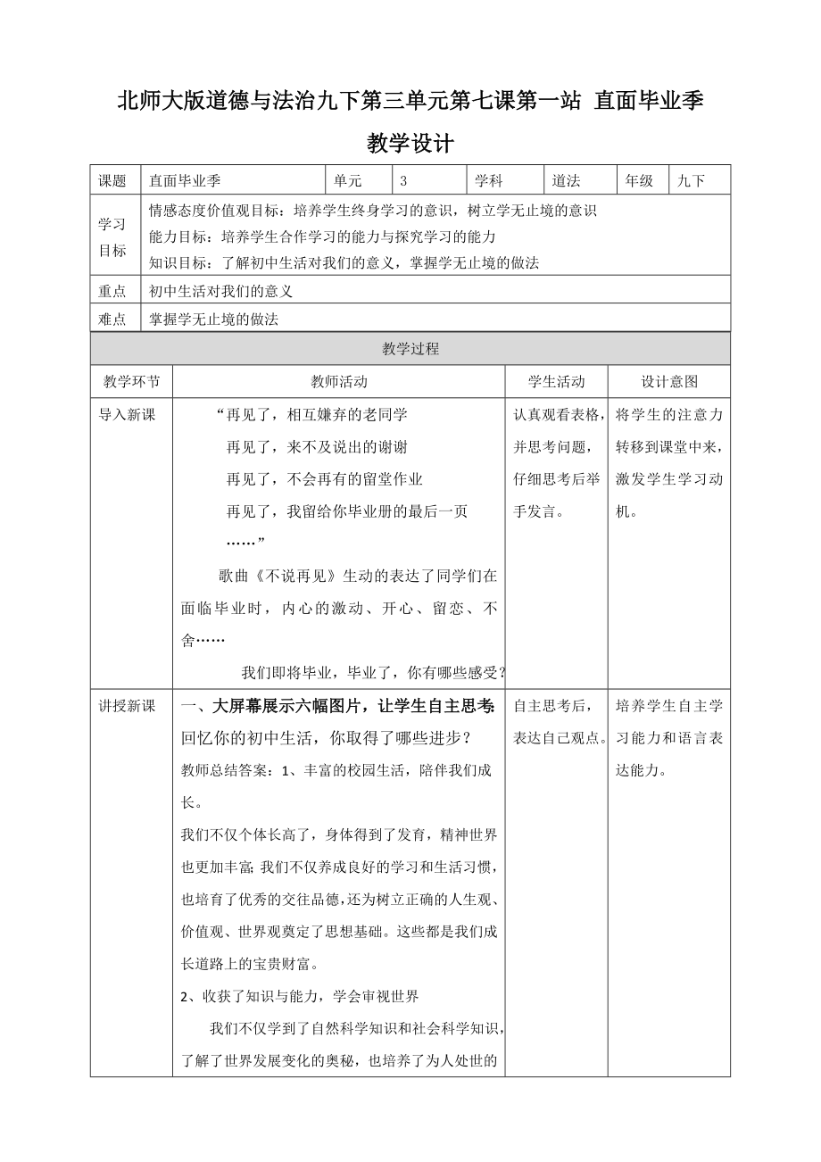 北師大版道德與法治九下第三單元第七課第一站 直面畢業(yè)季_第1頁