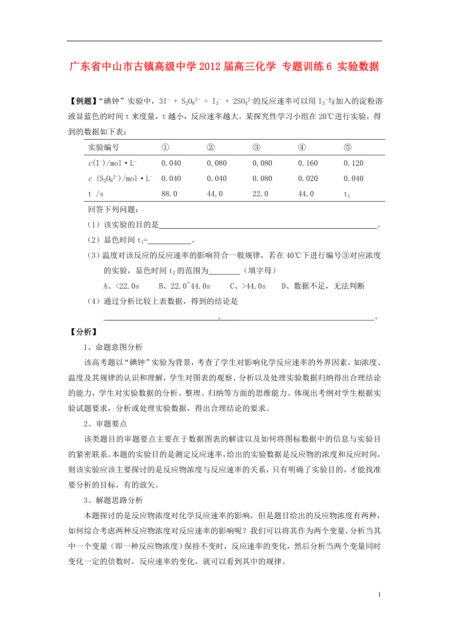 廣東省中山市古鎮(zhèn)高級(jí)中學(xué)2012屆高三化學(xué) 專題訓(xùn)練6 實(shí)驗(yàn)數(shù)據(jù)_第1頁(yè)