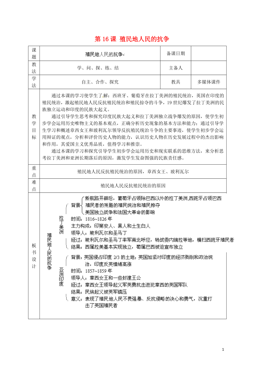 山東省泰安市岱岳區(qū)徂徠鎮(zhèn)第一中學九年級歷史上冊《第五單元 第16課 殖民地人民的抗爭》教學案（答案不全） 新人教版_第1頁