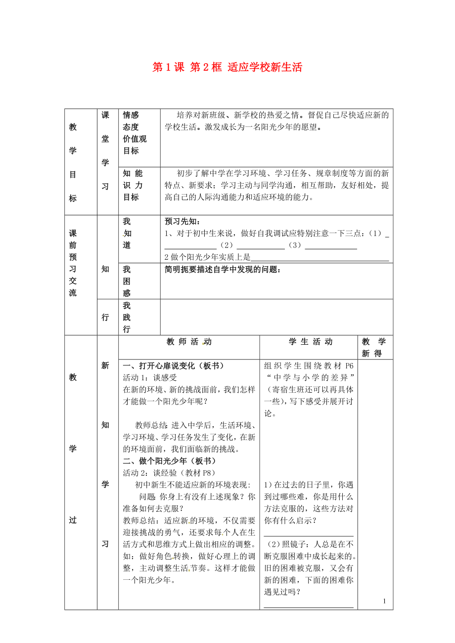 江蘇省大豐市劉莊鎮(zhèn)三圩初級中學(xué)七年級政治上冊 第1課 第2框 適應(yīng)學(xué)校新生活教案 蘇教版_第1頁