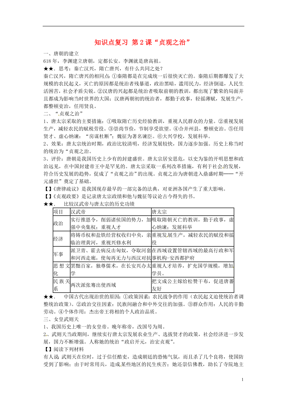 山東省日照市東港實驗學校七年級歷史下冊 知識點復習 第2課“貞觀之治” 新人教版_第1頁