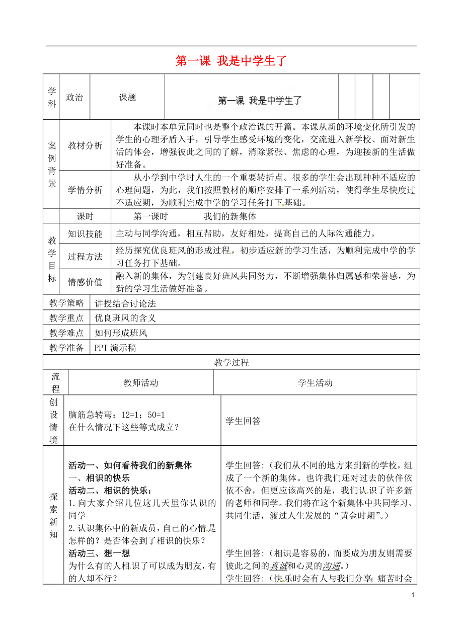 江蘇省蘇州張家港市一中七年級政治上冊 第一課 我是中學(xué)生了教案 蘇教版_第1頁