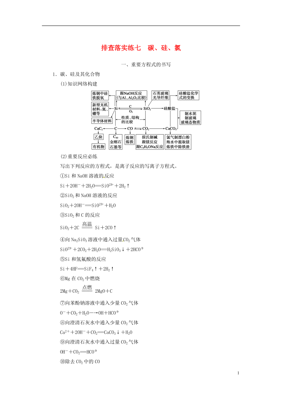 【步步高】2014屆高三化學(xué)一輪總復(fù)習(xí) 第四章 排查落實練七 碳、硅、氯 新人教版_第1頁