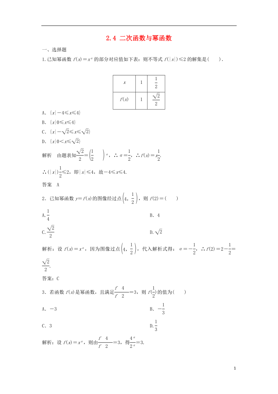 【步步高】2014屆高三數(shù)學一輪 2.4 二次函數(shù)與冪函數(shù)課時檢測 理 （含解析）北師大版_第1頁