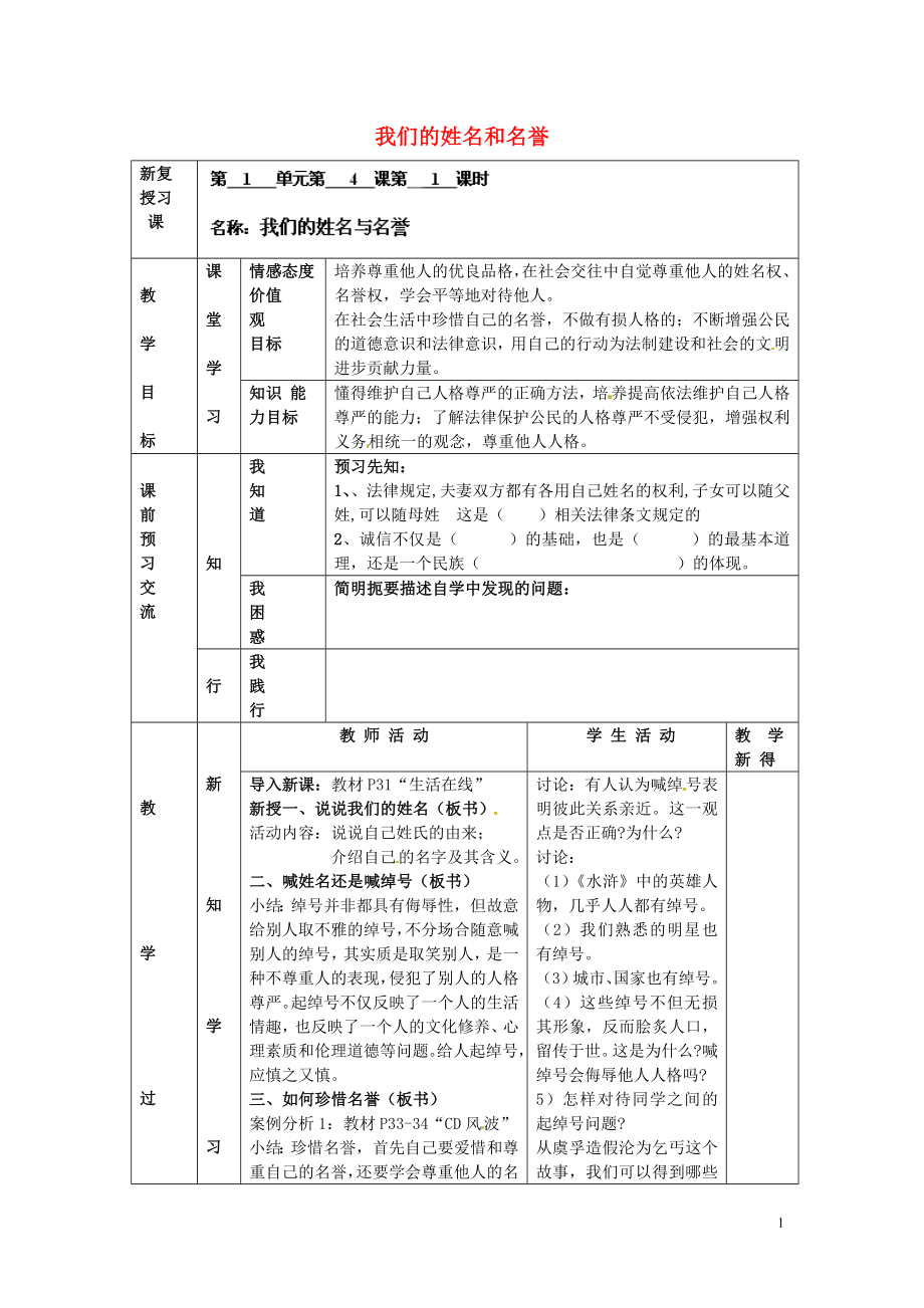 江蘇省大豐市劉莊鎮(zhèn)三圩初級(jí)中學(xué)七年級(jí)政治上冊(cè) 第4課 第1框 我們的姓名和名譽(yù)教案 蘇教版_第1頁(yè)