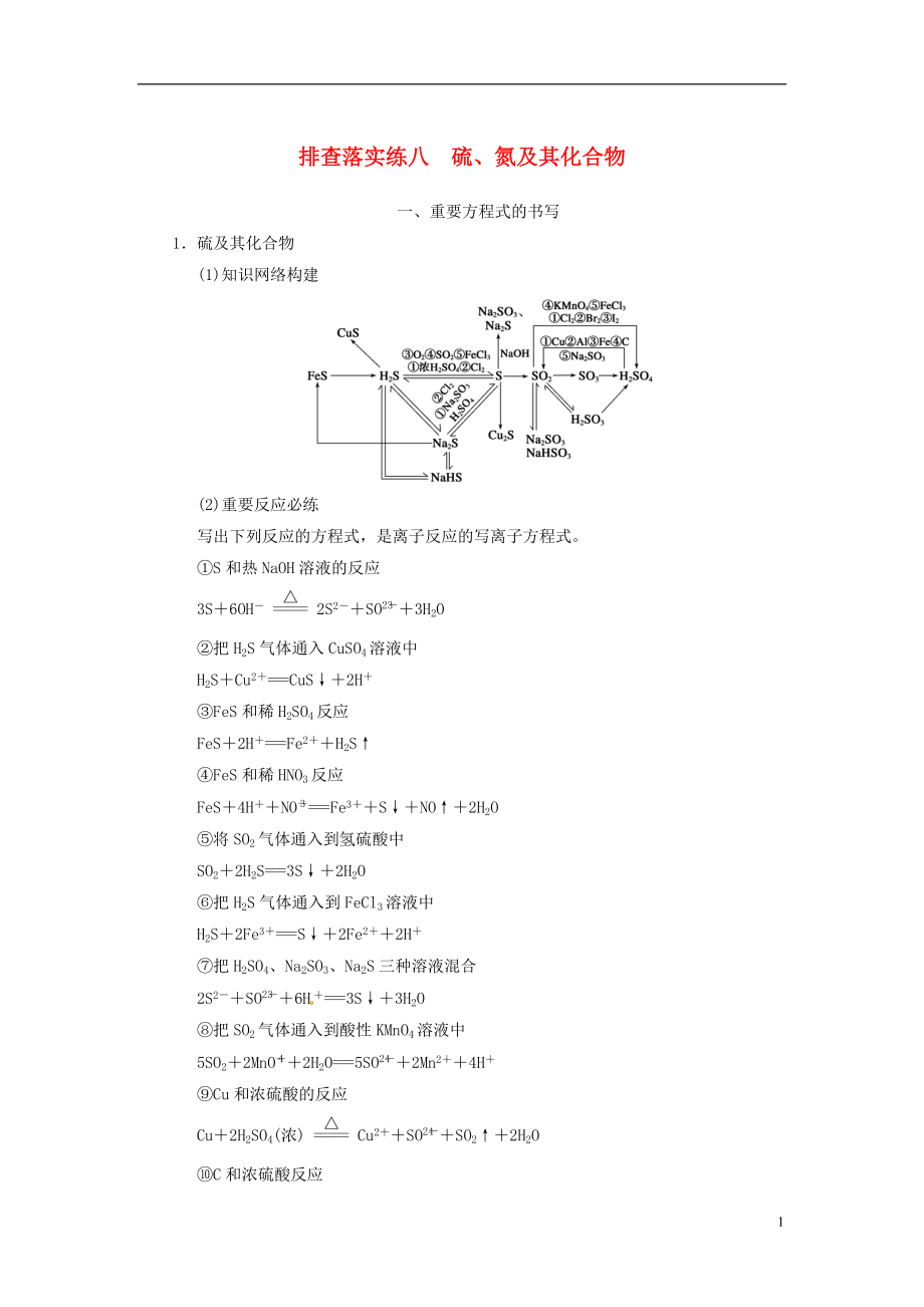 【步步高】2014屆高三化學(xué)一輪總復(fù)習(xí) 第四章 排查落實(shí)練八 硫、氮及其化合物 新人教版_第1頁(yè)