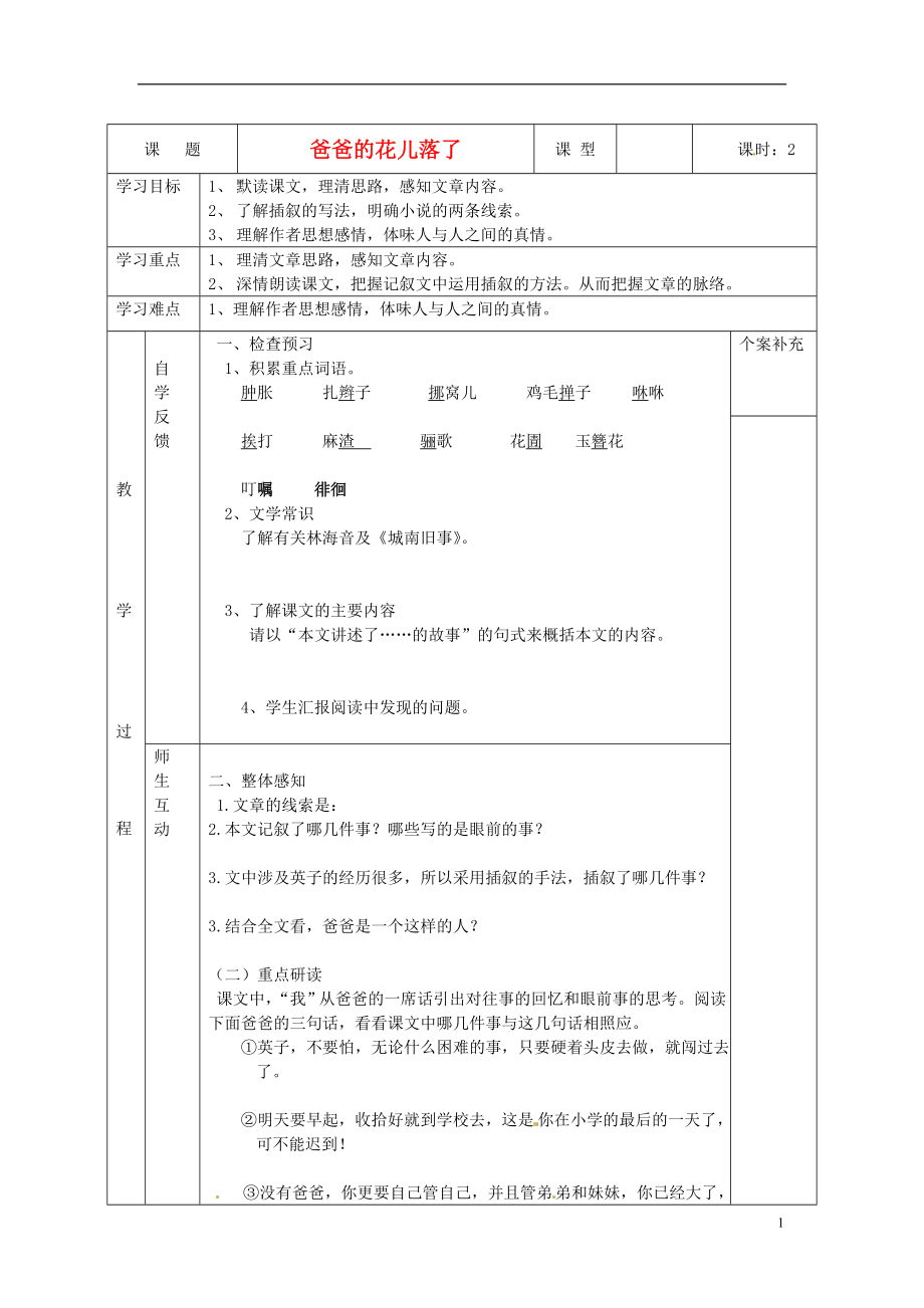 天津市葛沽第三中學(xué)2014-2015學(xué)年七年級語文下冊 第2課 爸爸的花兒落了（第1課時）導(dǎo)學(xué)案（無答案） 新人教版_第1頁