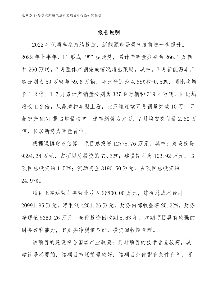 哈尔滨麒麟电池研发项目可行性研究报告_范文_第1页
