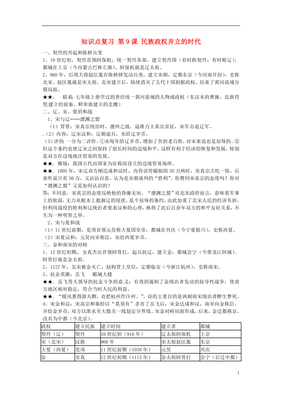 山東省日照市東港實驗學校七年級歷史下冊 知識點復(fù)習 第9課 民族政權(quán)并立的時代 新人教版_第1頁