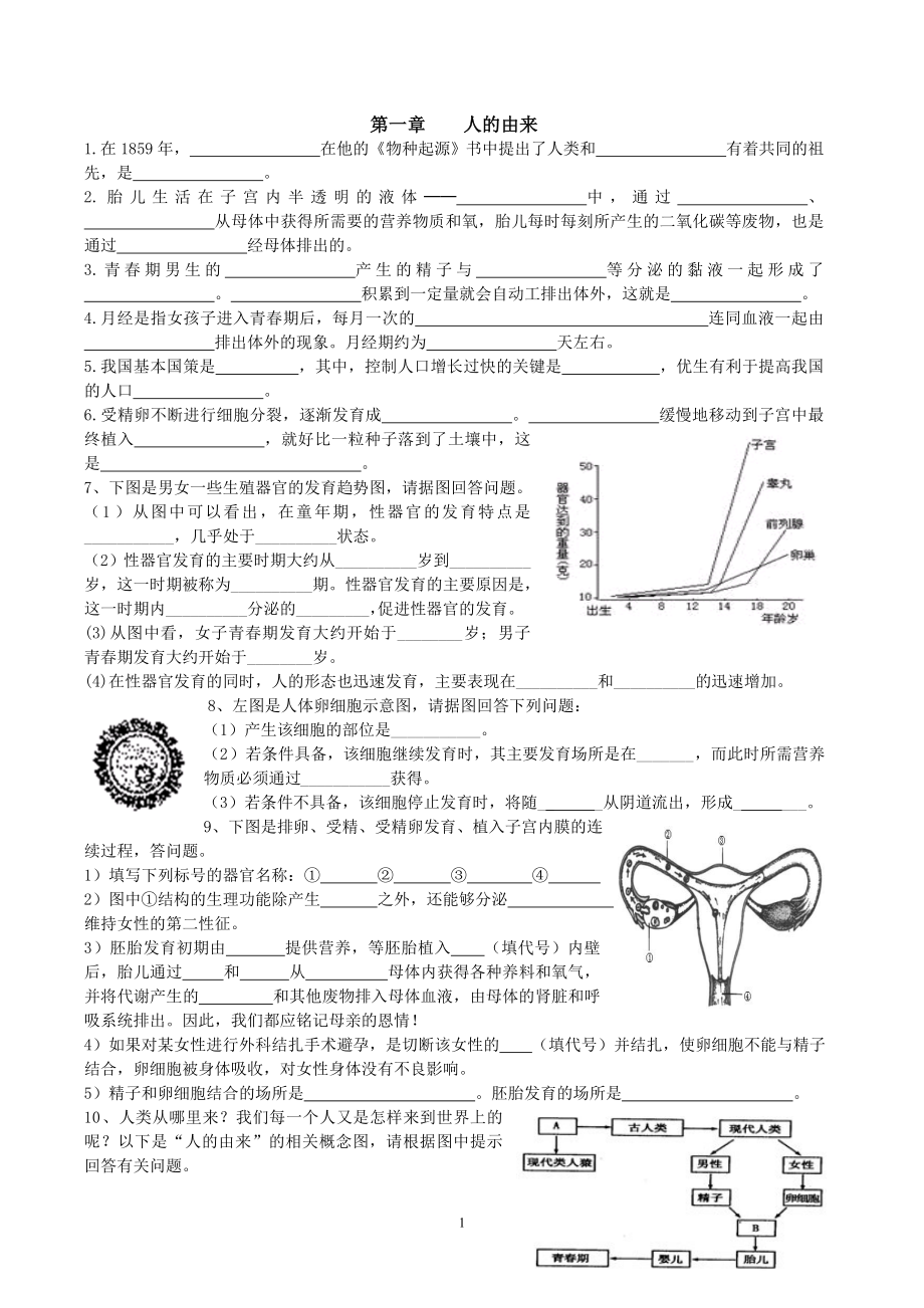 七年级下册生物1-2章 复习题 (无答案)_第1页