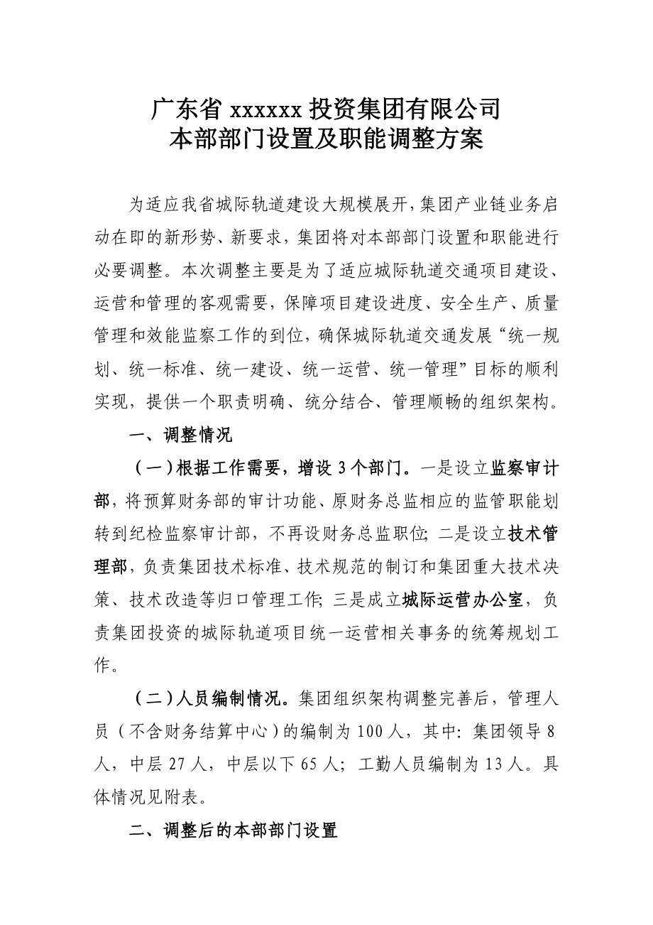 广东某某投资公司部门设置与职能调整方案dzlf_第1页