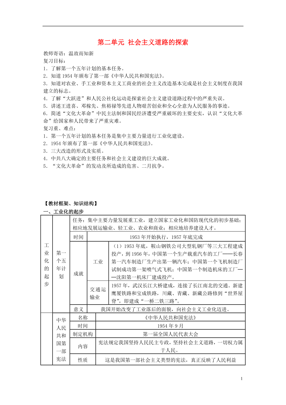 山東省泰安市新泰八年級歷史下冊 第二單元 社會主義道路的探索復習學案（無答案） 新人教版_第1頁