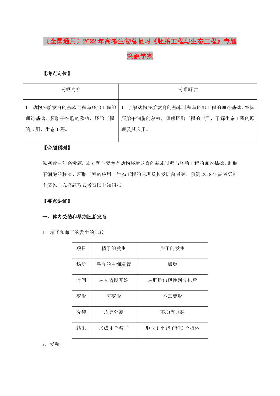 （全國通用）2022年高考生物總復習《胚胎工程與生態(tài)工程》專題突破學案_第1頁