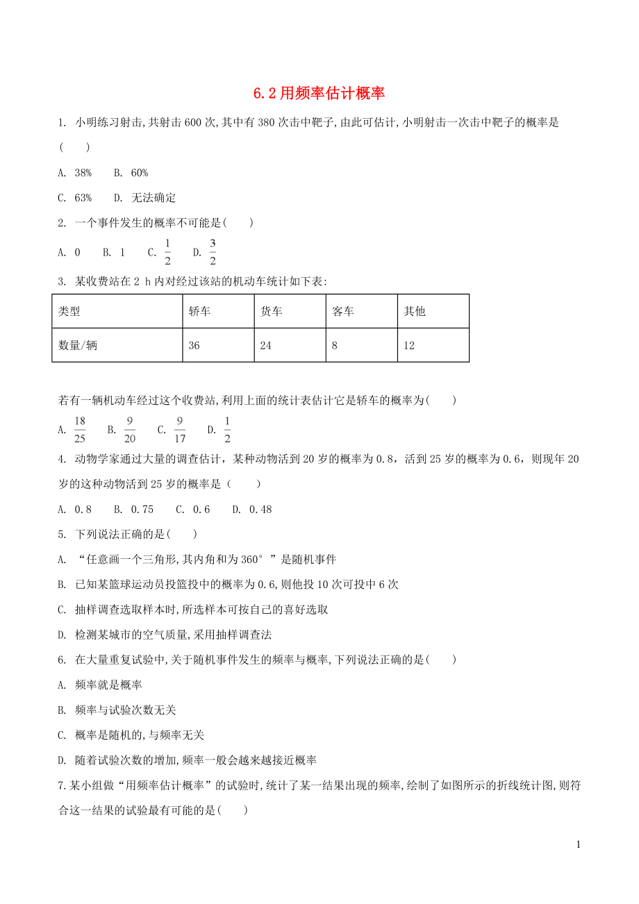 七年级数学下册第六章频率初步2频率的稳定性第2课时抛硬币试验练习1新版北师大版201912041125_第1页