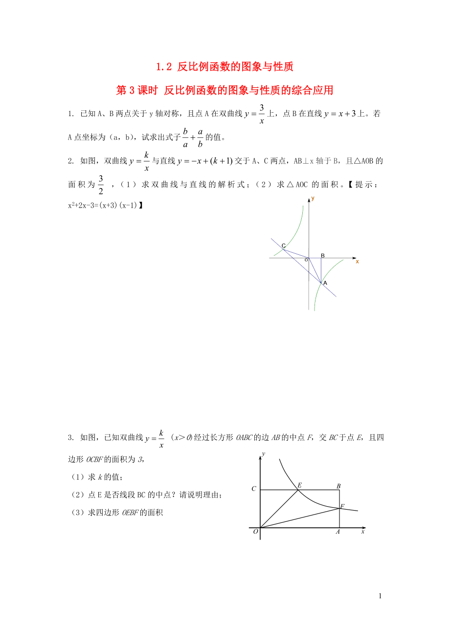 2019秋九年级数学上册第1章反比例函数1.2反比例函数的图像与性质第3课时反比例函数图象与性质的综合应用练习1无答案新版湘教版201912061140_第1页